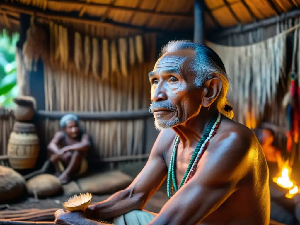 Anciano narrador amazónico cuenta historias a niños en choza iluminada por fuego, preservando historia oral culturas amazónicas