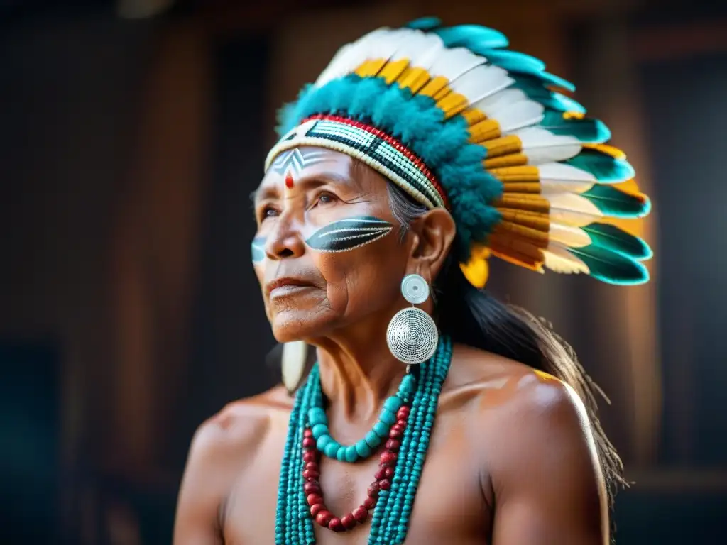 Un anciano narrador indígena con adornos de cuentas y plumas, habla apasionadamente en un estudio de grabación iluminado