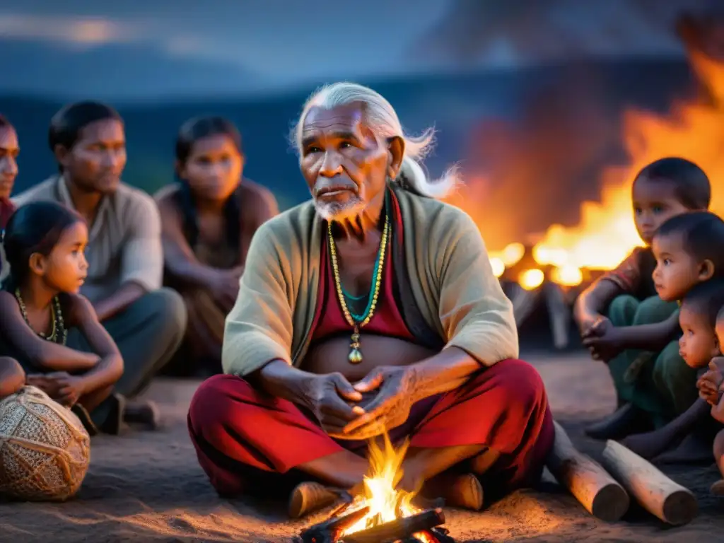 Un anciano narrador indígena preserva la cultura ante niños atentos al fuego y las historias, bajo el cielo estrellado