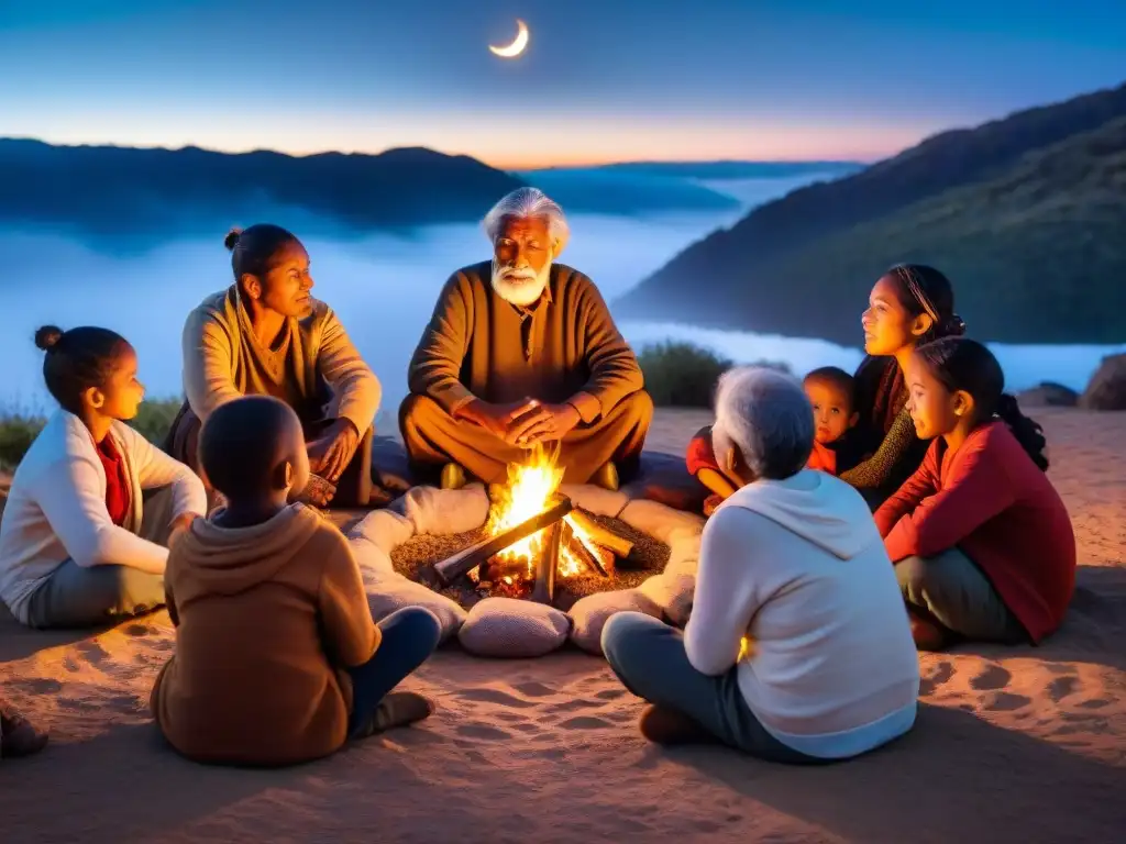 Un anciano narrador indígena comparte historias junto a niños fascinados alrededor del fuego, transmitiendo cuentos indígenas generación