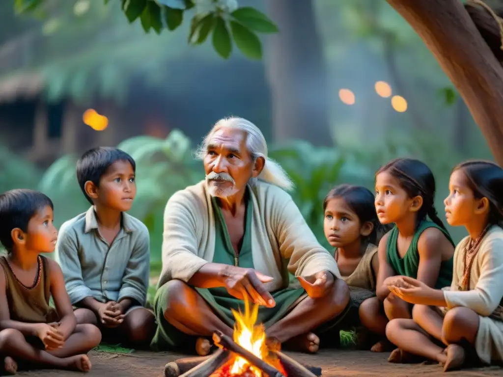 Un anciano narrador indígena, rodeado de niños, comparte sabiduría junto al fuego en la selva