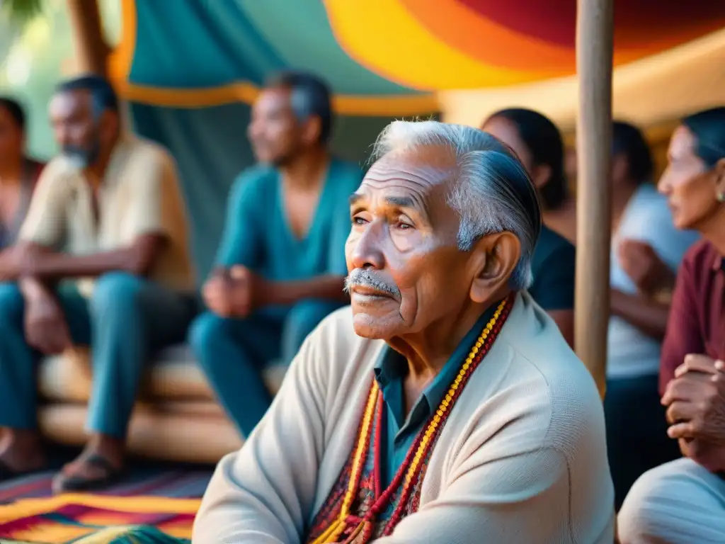 Un anciano narrador indígena comparte sabiduría con su comunidad bajo una luz cálida de fogata