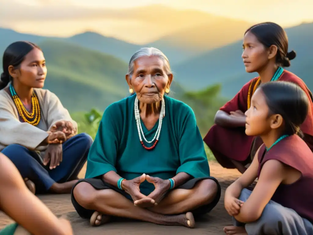 Un anciano narrador indígena comparte sabiduría con niños en círculo bajo el sol