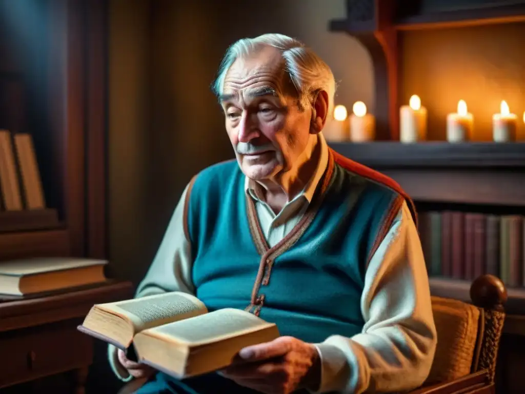 Un anciano narrador rodeado de velas y libros antiguos, listo para compartir una historia