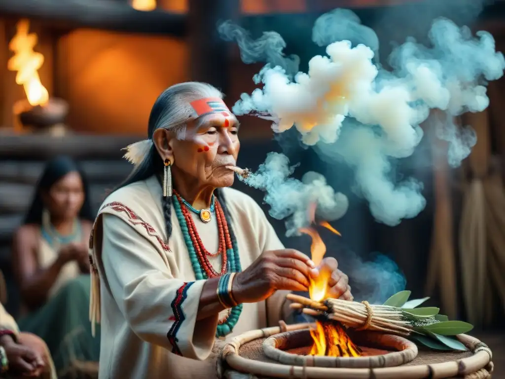 Un anciano nativo americano realiza una ceremonia de sahumado en una cabaña ceremonial iluminada por el fuego, rodeado de humo y miembros de la tribu