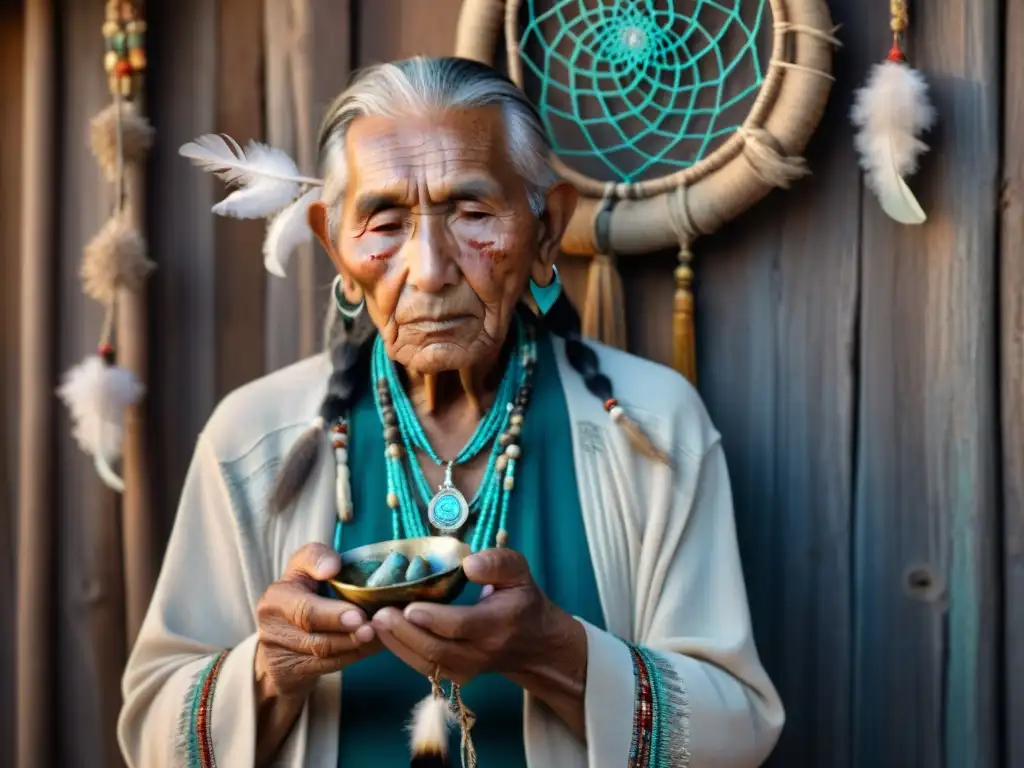 Un anciano nativo americano realiza prácticas espirituales indígenas Américas en una cabaña sagrada