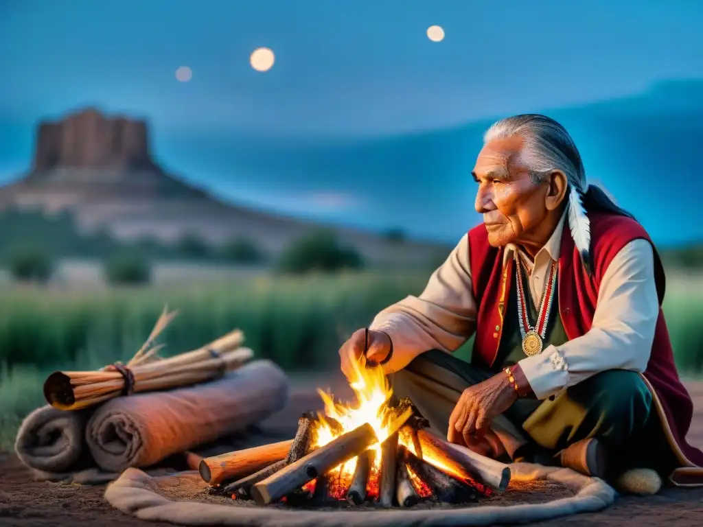 Un anciano nativo americano comparte sabiduría con niños Sioux alrededor del fuego en una reserva, destacando la educación indígena