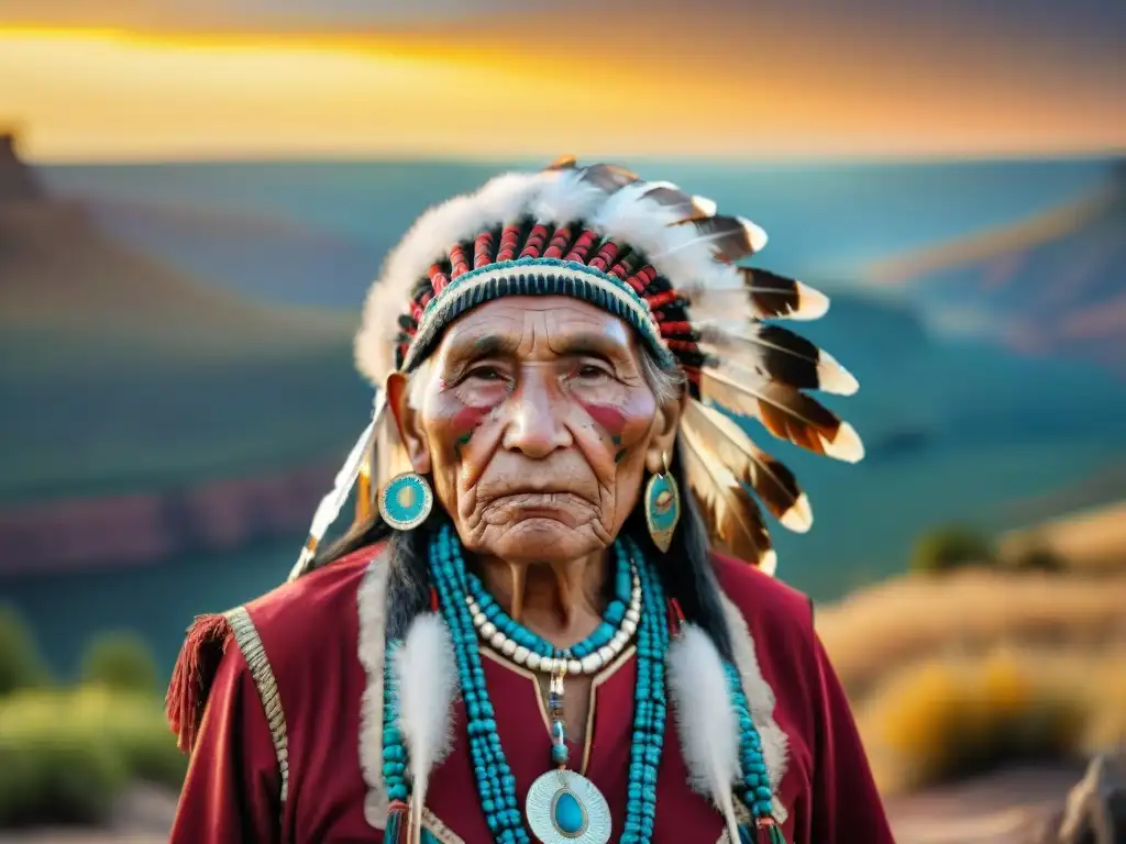 Un anciano nativo americano con vestimenta tradicional, de pie frente a un paisaje impresionante al atardecer, reflejando sabiduría y resiliencia