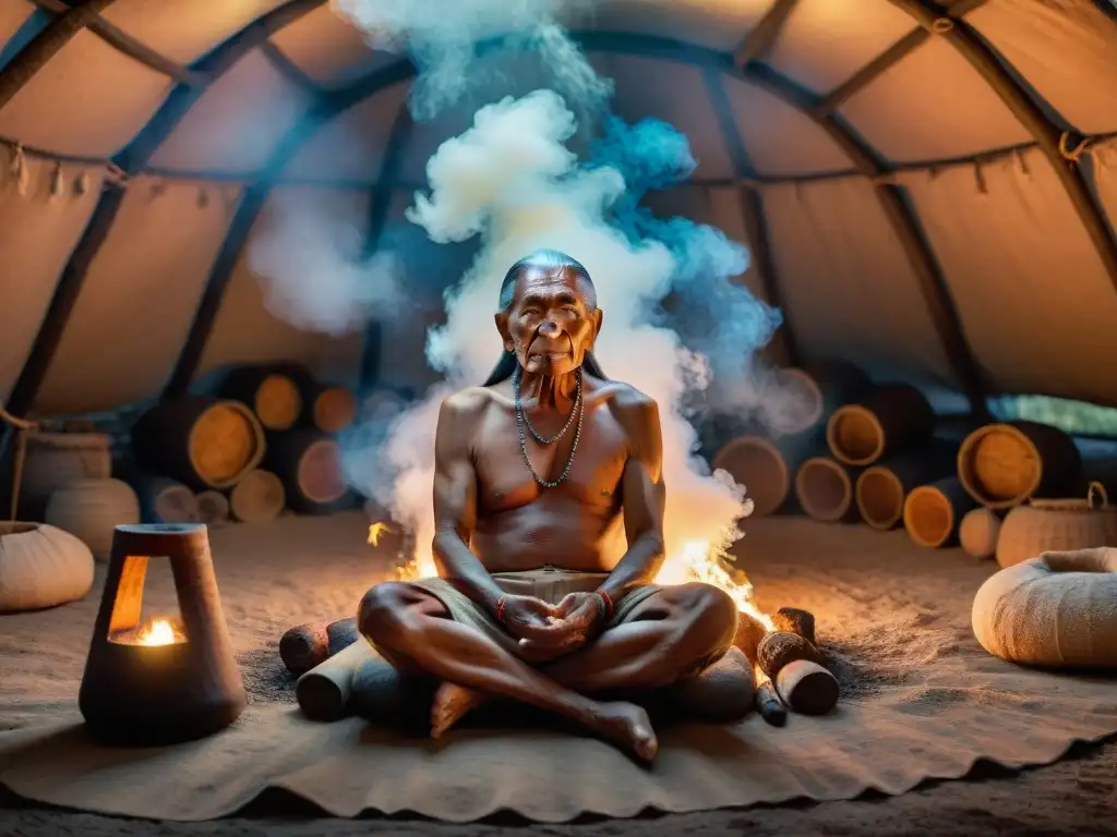 Un anciano nativo medita en una cabaña de sudoración, rodeado de vapor y luz de velas, en un ritual de meditación indígena