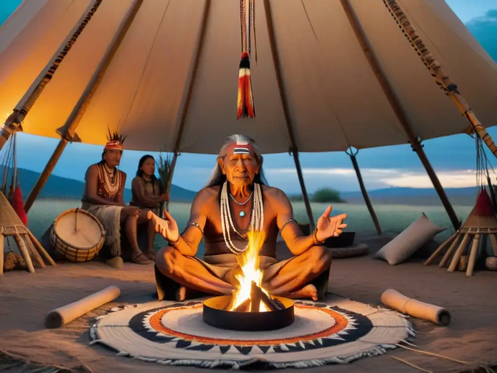 Un anciano nativo en un tipi con prácticas indígenas fortalecer voluntad, iluminado por la luz cálida de las llamas