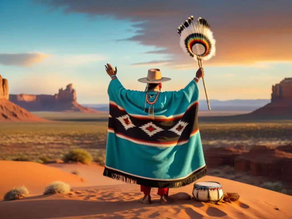 Un anciano navajo en el desierto al atardecer, con un tambor sagrado y símbolos de su cultura