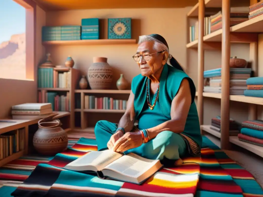 Un anciano navajo leyendo un diccionario Navajo-Inglés rodeado de libros y recursos de idioma navajo en un ambiente culturalmente enriquecido