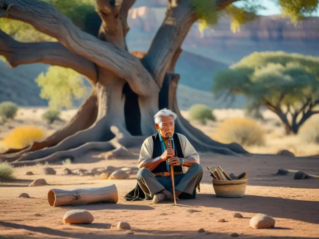 Un anciano navajo tocando una flauta de cedro bajo un árbol milenario, con caballos salvajes en el fondo