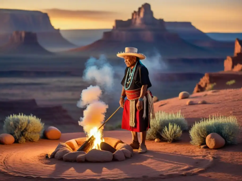 Un anciano navajo emerge de un hogan con salvia humeante al atardecer