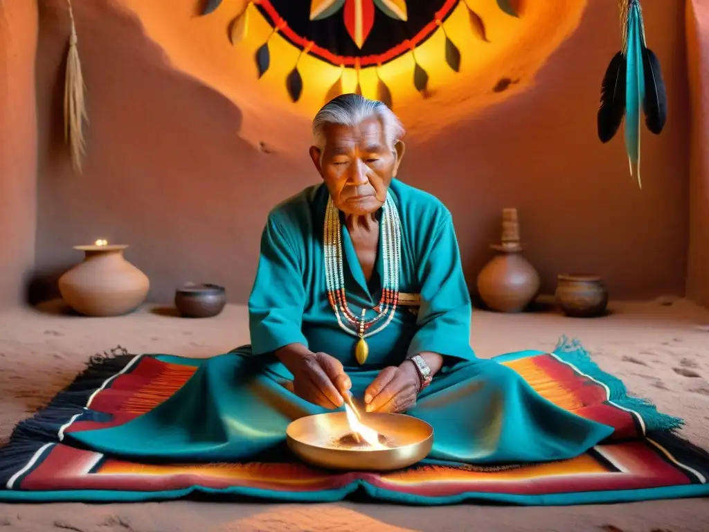 Un anciano navajo inmerso en la interpretación de sueños, rodeado de luz de velas y artefactos tradicionales