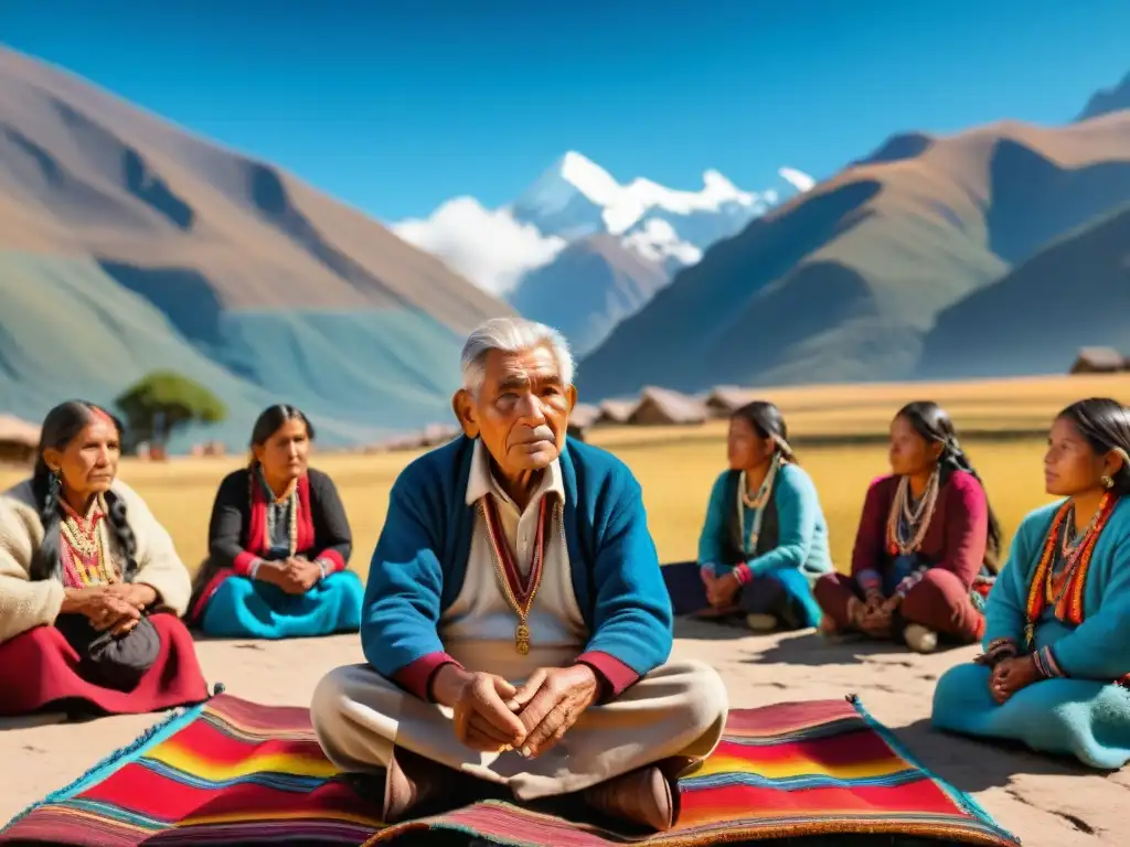 Un anciano poeta Quechua recita poesía en la plaza del pueblo, rodeado de niños, en un escenario andino con los picos de los Andes al fondo