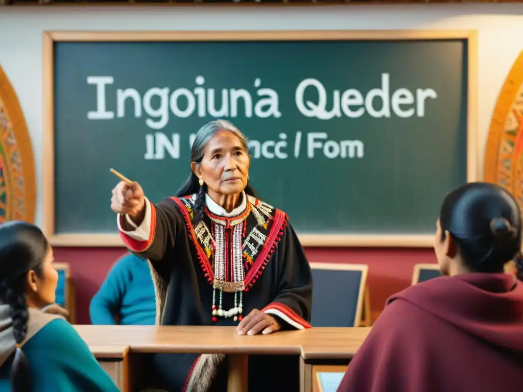 Un anciano Quechua enseña a estudiantes diversos en una clase de idioma quechua