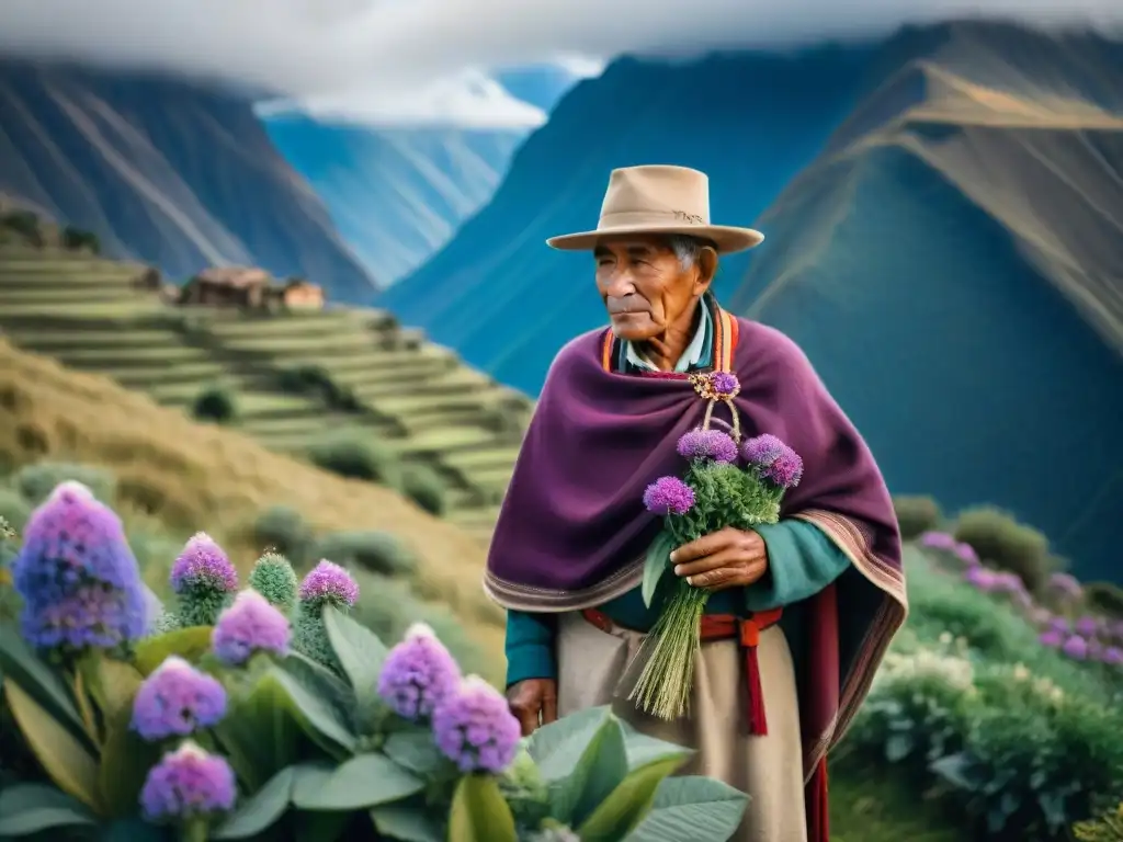 Anciano quechua seleccionando flores en los Andes, con poncho tejido y expresión sabia