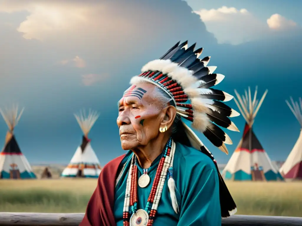 Anciano sioux con regalia tradicional frente a rascacielos modernos: Cultura Sioux en la actualidad