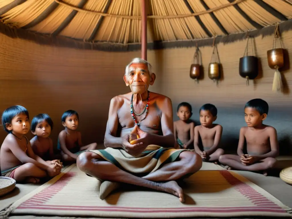 El anciano indígena comparte sabiduría ancestral con niños, preservando cultura indígena en cálida choza iluminada