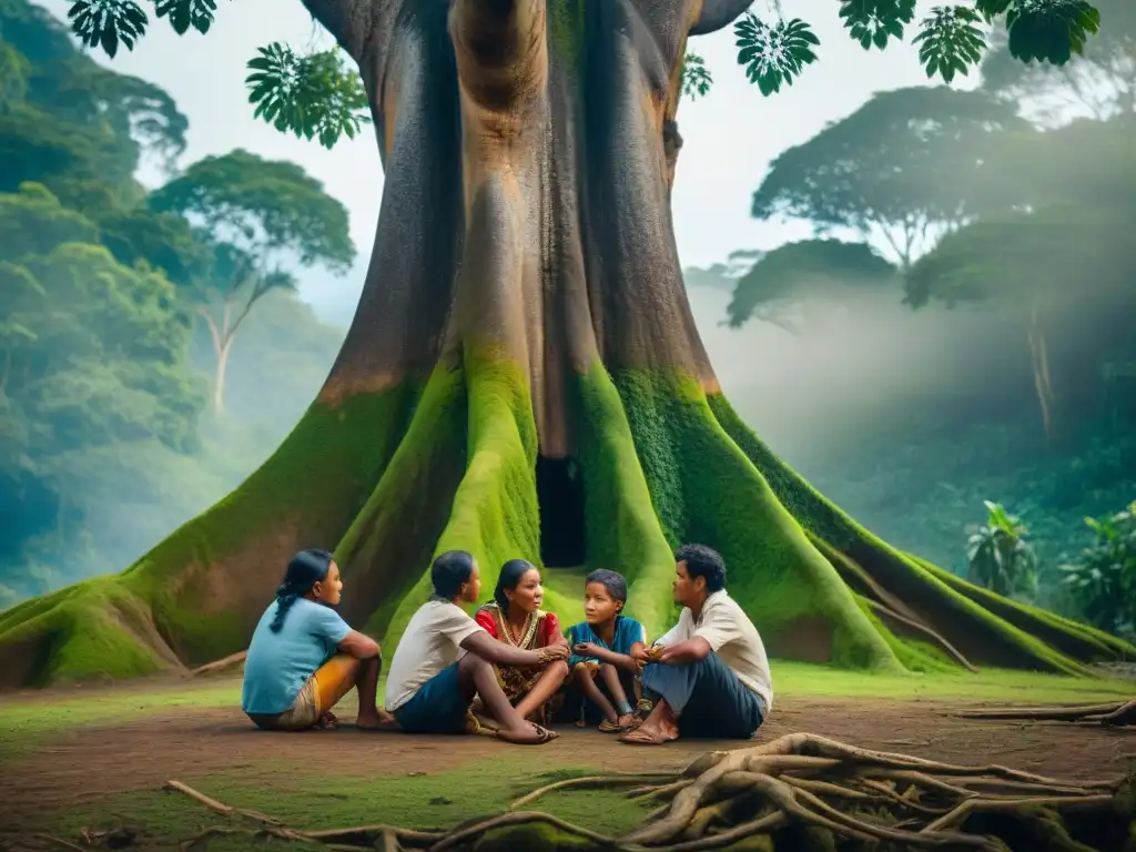 Un anciano comparte sabiduría con niños indígenas bajo un árbol en la selva amazónica, resaltando la educación en comunidades amazónicas