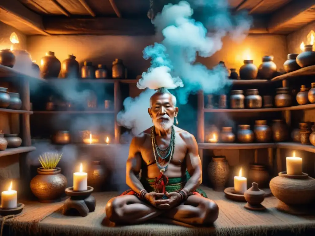 Un anciano chamán concentra su sabiduría en sanar a un paciente en una choza iluminada tenue