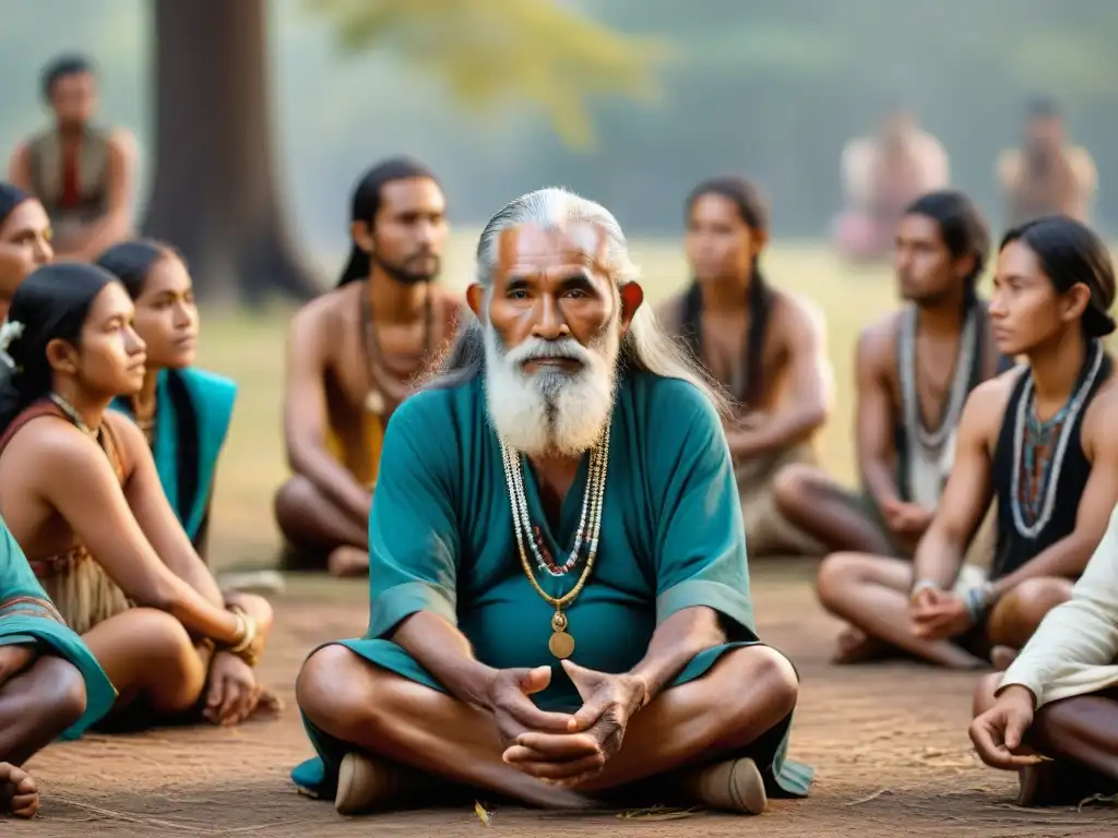 Un anciano sabio comparte su conocimiento espiritual con jóvenes en un claro del bosque