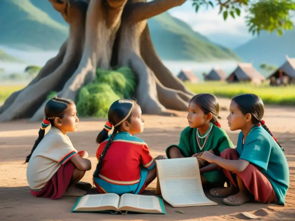 Un anciano sabio guía a niños indígenas estudiando bajo un árbol en una remota aldea