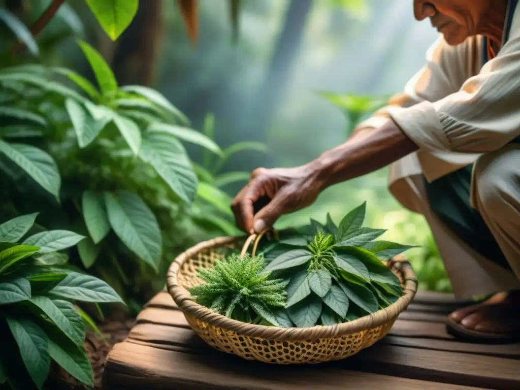 Anciano sanador indígena recogiendo hierbas medicinales en la selva, con luz filtrándose entre el dosel