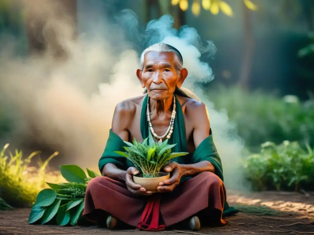 Anciano sanador indígena en la naturaleza con plantas medicinales, respirando sabiduría ancestral