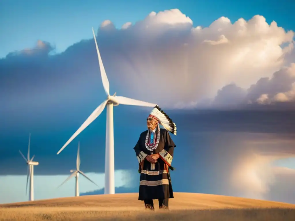 Un anciano Sioux en regalia tradicional frente a una moderna turbina eólica, simbolizando la fusión entre tradición e innovación en la energía sostenible tribus Sioux