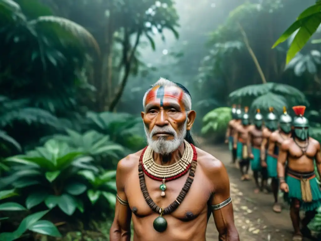 Un anciano tribal lidera a guerreros hacia un ritual en un místico bosque