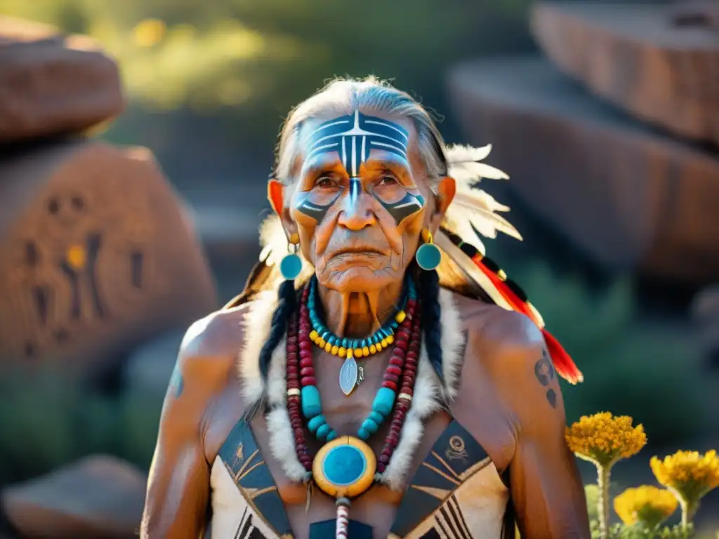 Un anciano tribal nativo en ceremonia del Sol, rodeado de petroglifos ancestrales en un claro soleado del bosque