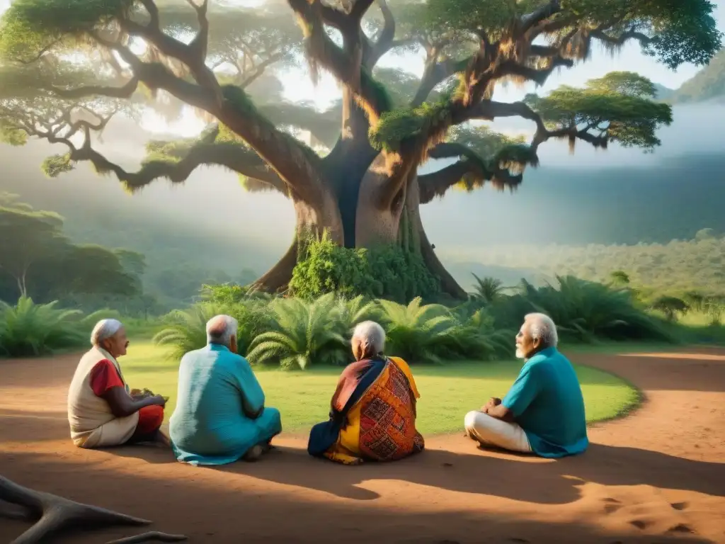 Conversación de ancianos indígenas bajo un árbol ancestral