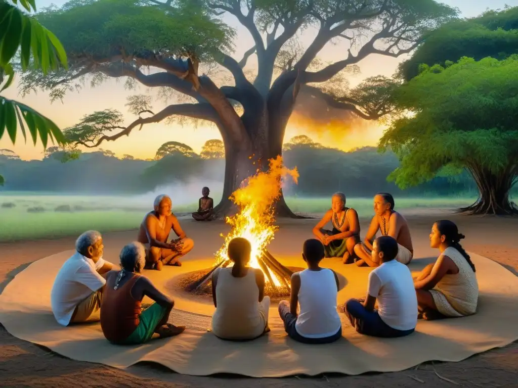 En el bosque, ancianos cuentan historias a niños bajo la Ceiba al atardecer