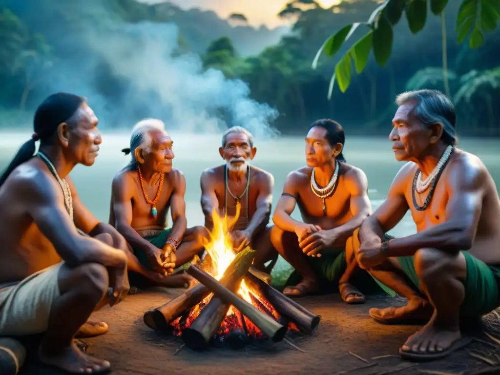 Ancianos indígenas amazónicos comparten historias junto al fuego, resplandeciendo sabiduría y orgullo cultural