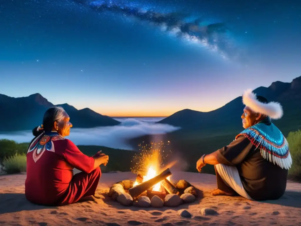 Conexión ancestral: ceremonia estelar de sabiduría indígena Ancianos indígenas observando astros en la espiritualidad indígena, bajo el cielo estrellado