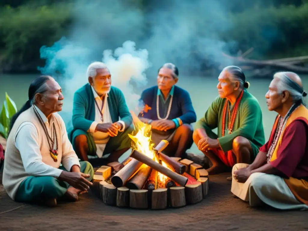 Ancianos indígenas en círculo alrededor de una fogata, tocando instrumentos tradicionales en medio de la naturaleza