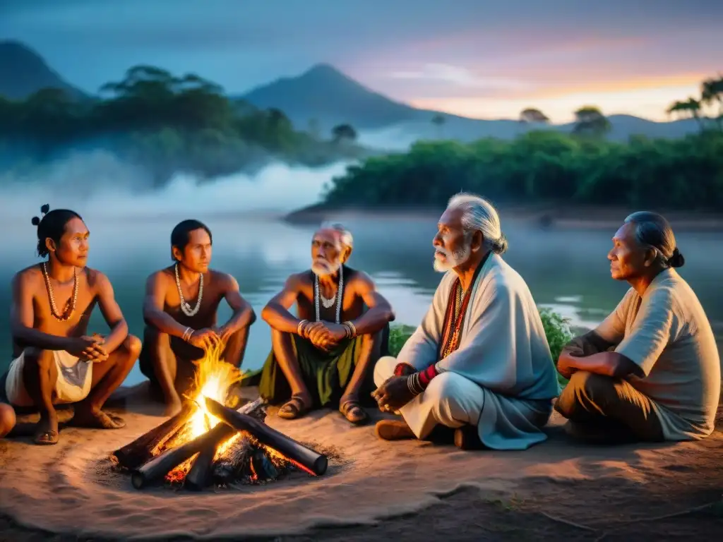 Ancianos indígenas preservando cuentos ancestrales alrededor del fuego bajo el cielo estrellado