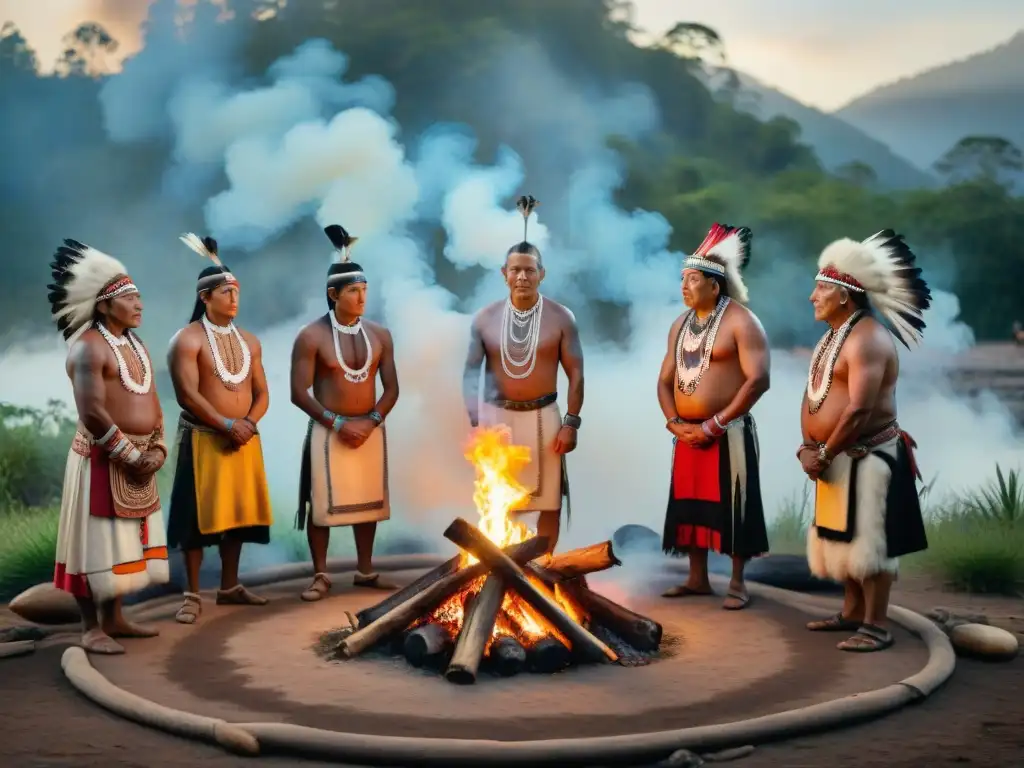 Ancianos indígenas protegiendo un fuego sagrado en el bosque