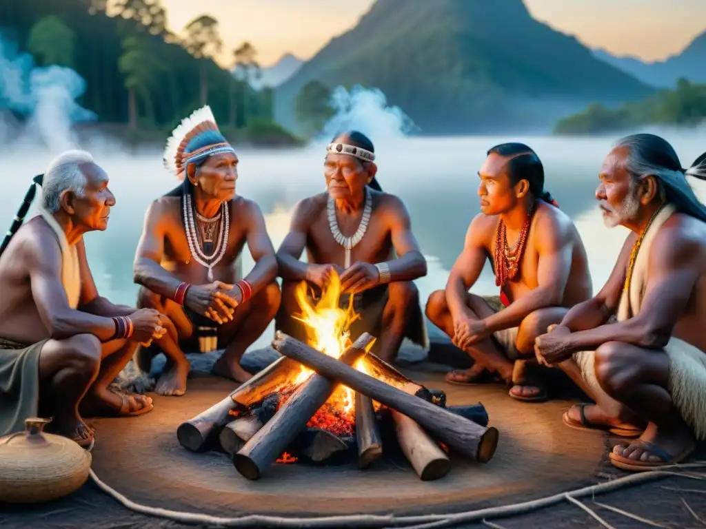 Ancianos indígenas preservando su historia oral alrededor del fuego en la selva