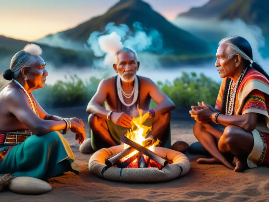 Ancianos indígenas comparten historias alrededor del fuego sagrado, envueltos en textiles vibrantes