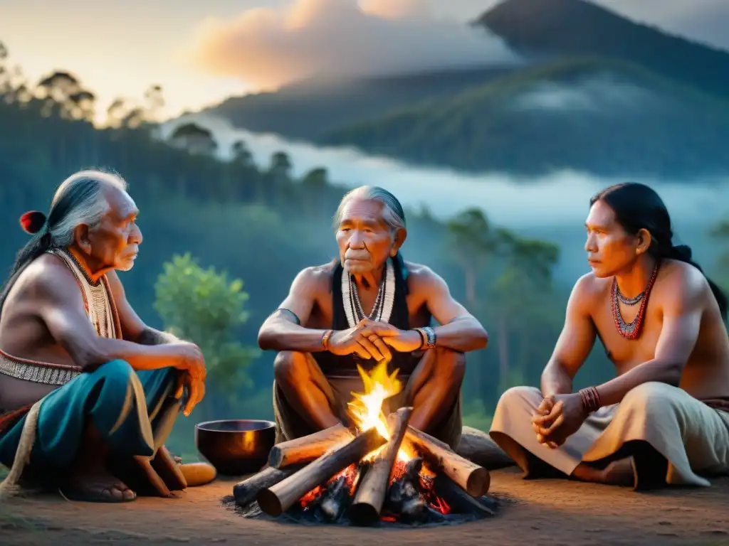 Ancianos indígenas comparten historias alrededor del fuego, preservando historia oral autores indígenas