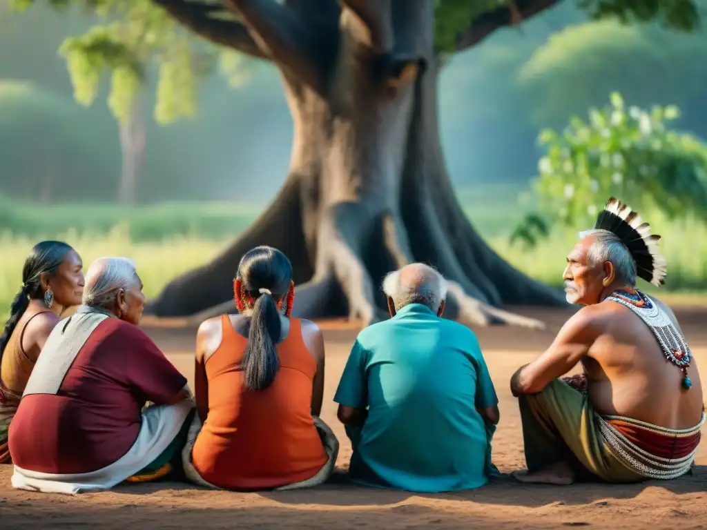 Ancianos indígenas preservando lenguas bajo árbol centenario