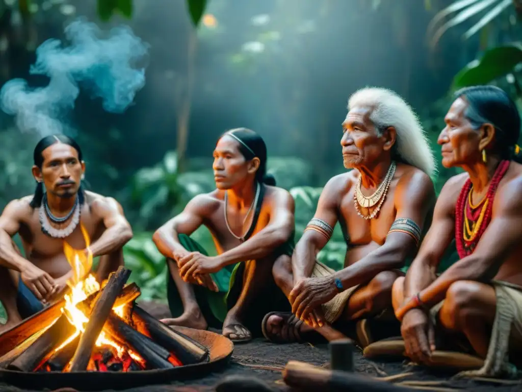 Ancianos indígenas amazónicos preservando lenguas y tradiciones alrededor del fuego