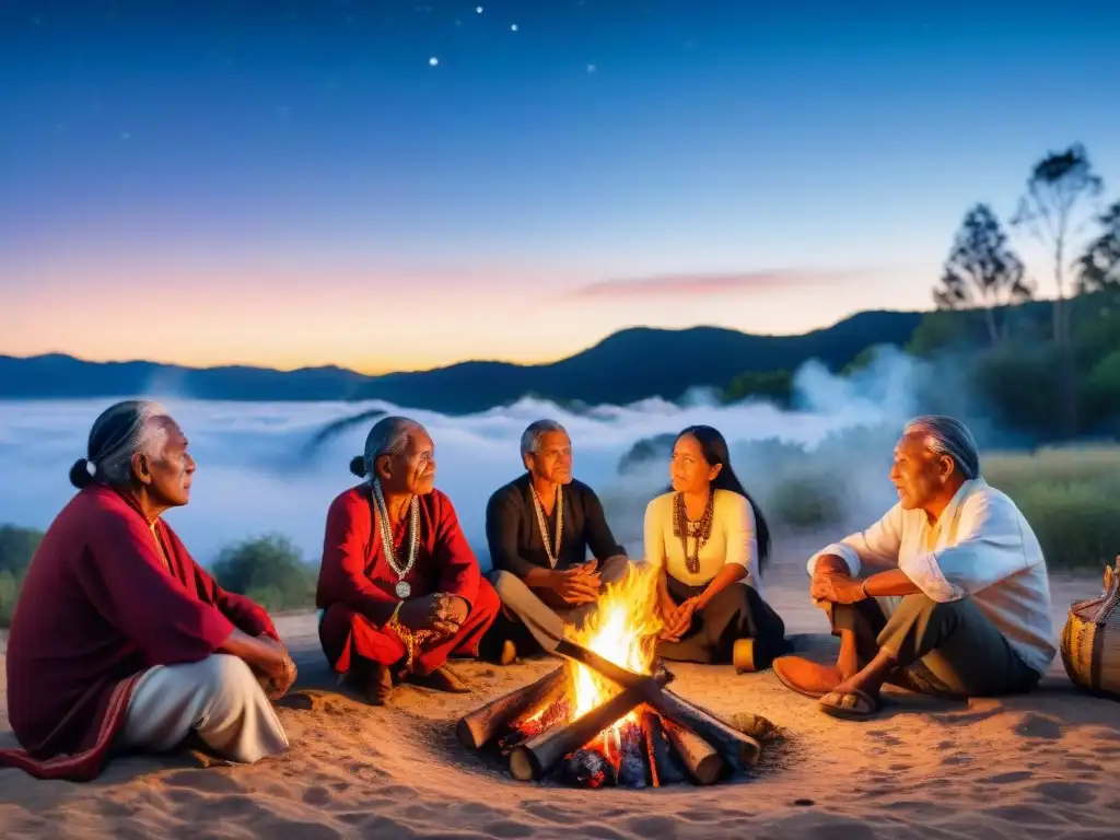 Ancianos indígenas comparten narrativa espiritual alrededor del fuego con jóvenes oyentes, resaltando la riqueza cultural