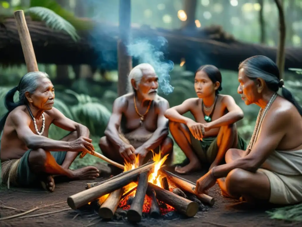 Ancianos indígenas enseñan caza a niños en el bosque, transmitiendo sabiduría ancestral