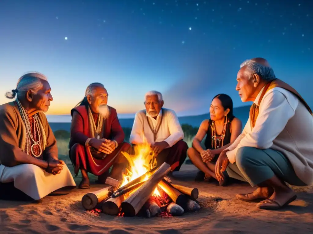 Ancianos indígenas comparten relatos alrededor de fogata bajo el cielo estrellado, transmitiendo sabiduría y resiliencia