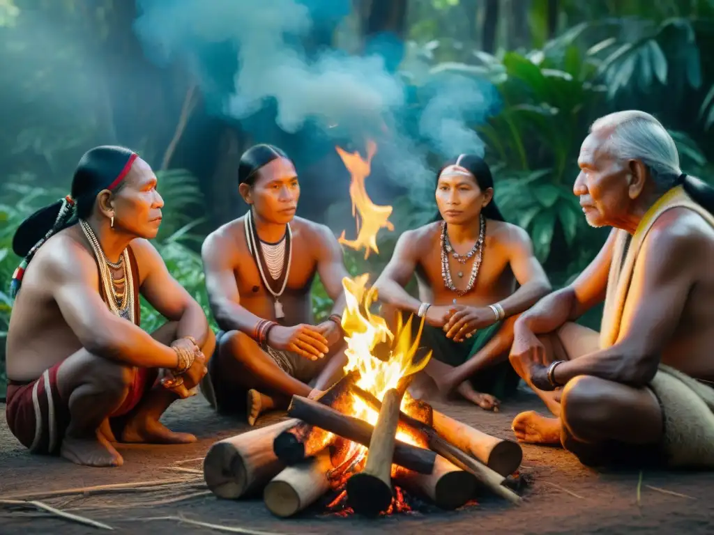 Vibrante escena: sabiduría ancestral junto al fuego Ancianos indígenas preservando relatos alrededor del fuego, enriqueciendo la tradición oral