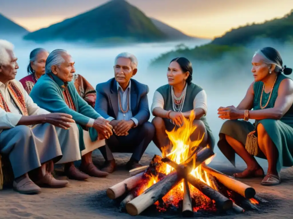 Fotografía de ancianos indígenas reunidos alrededor de una fogata, compartiendo historias de resistencia y celebración cultural